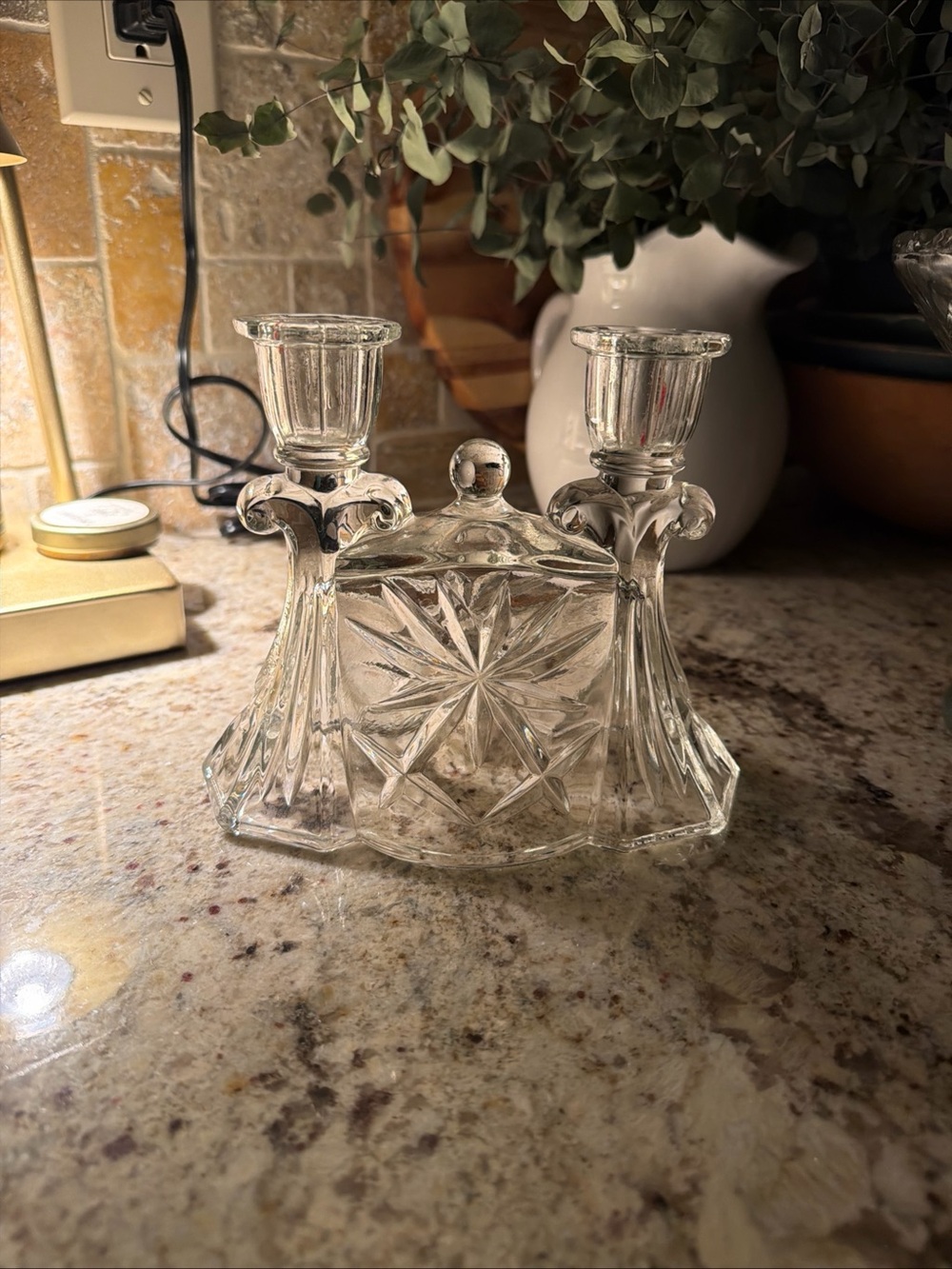 Anchor Hocking Clear Glass Double Candleholder with Starburst Pattern